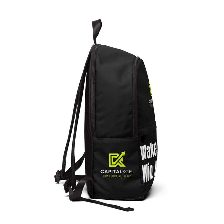 Unisex motivational fabric backpack with "Wake. Work. Win. Repeat." slogan, waterproof nylon canvas, padded back and adjustable straps for comfort.