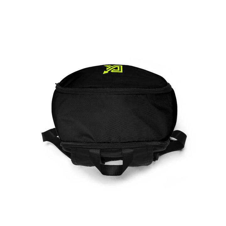 Unisex motivational fabric backpack with "Wake. Work. Win. Repeat." slogan, waterproof nylon canvas, padded back and adjustable straps for comfort.