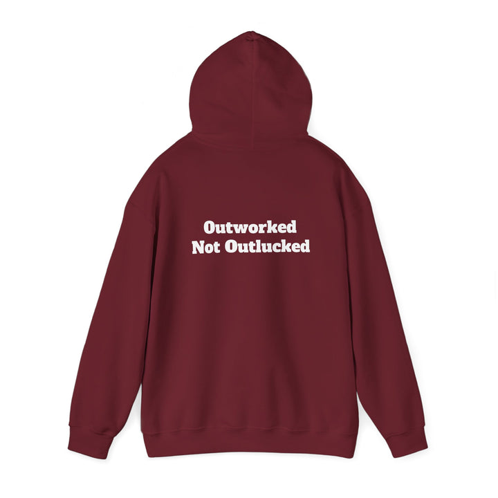 Unisex eco raglan hoodie with "Outworked Not Outlucked" text on back.