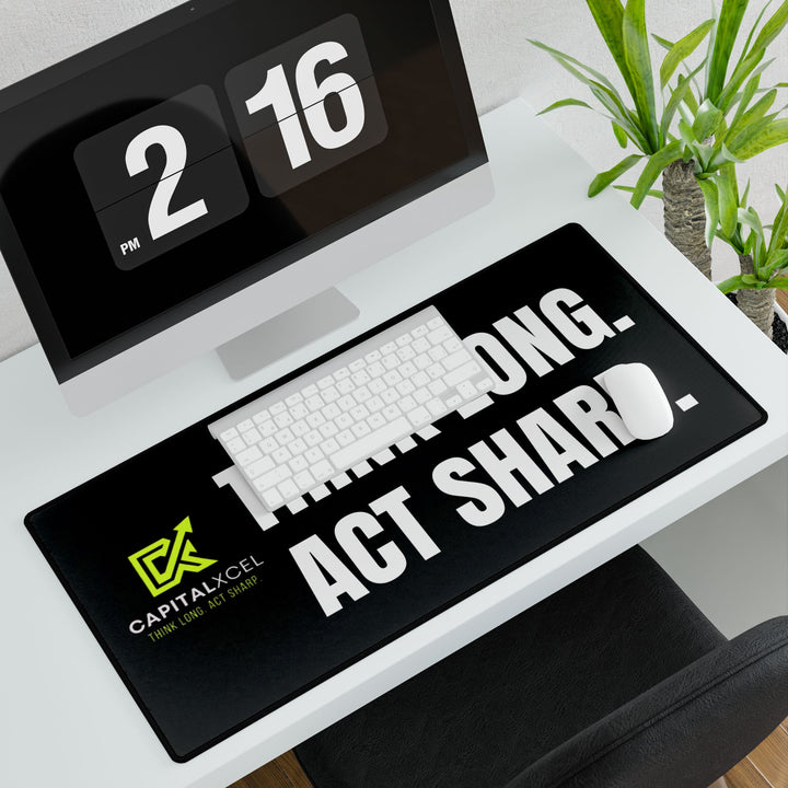 Black motivational desk mat with "Think Long. Act Sharp." slogan, smooth surface for mouse and keyboard use, durable rubber base, and anti-fray edges for long-lasting use.