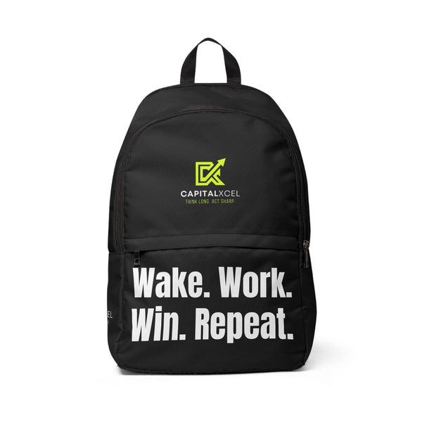 Unisex motivational fabric backpack with "Wake. Work. Win. Repeat." slogan, waterproof nylon canvas, padded back and adjustable straps for comfort.