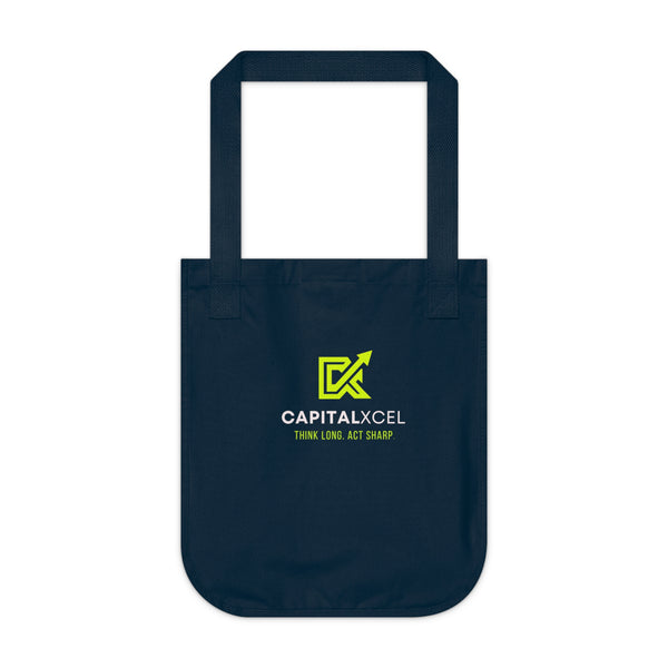 Organic denim tote bag with CapitalXcel logo – front view, navy color