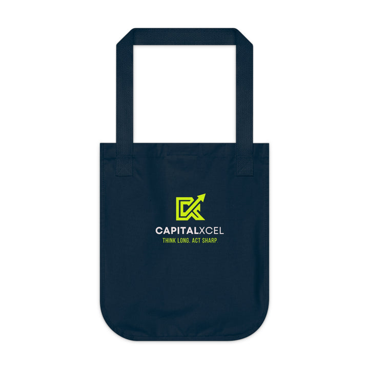 Organic denim tote bag with CapitalXcel logo – front view, navy color