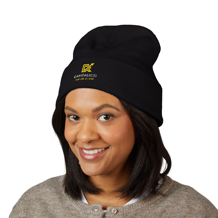 CapitalXcel logo embroidered on a cuffed knit beanie – front view