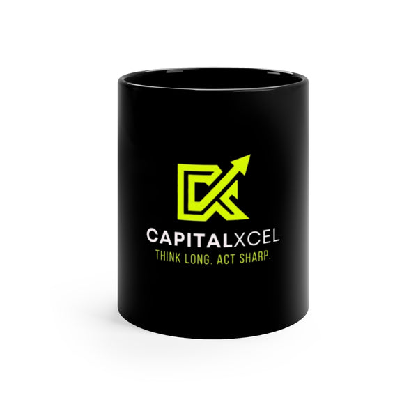 Black ceramic mug with CapitalXcel logo in white – sleek minimalist design, 