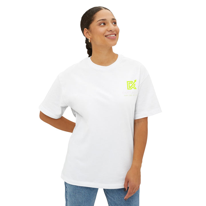 Unisex oversized boxy tee with "Every Day Is a Business Day" slogan, relaxed fit, dropped shoulders, and soft cotton fabric for comfort and style.