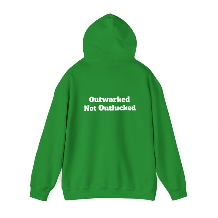 Unisex eco raglan hoodie with "Outworked Not Outlucked" text on back.