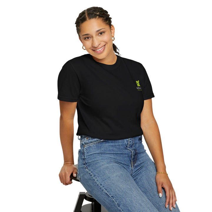 Unisex "Built Different, Paid Different" motivational t-shirt in garment-dyed fabric, offering relaxed fit and unique texture for a stylish, comfortable everyday look.