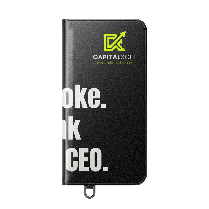 Flip wallet phone case with 'Act Broke. Think Like a CEO' quote in faux leather – functional phone accessory for entrepreneurs