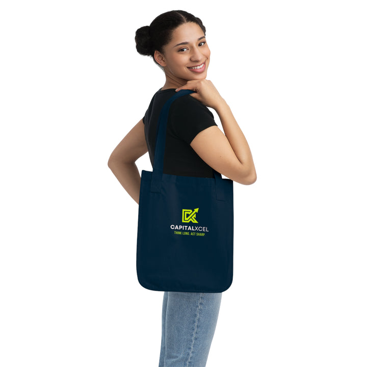Organic denim tote bag with CapitalXcel logo – front view, navy color