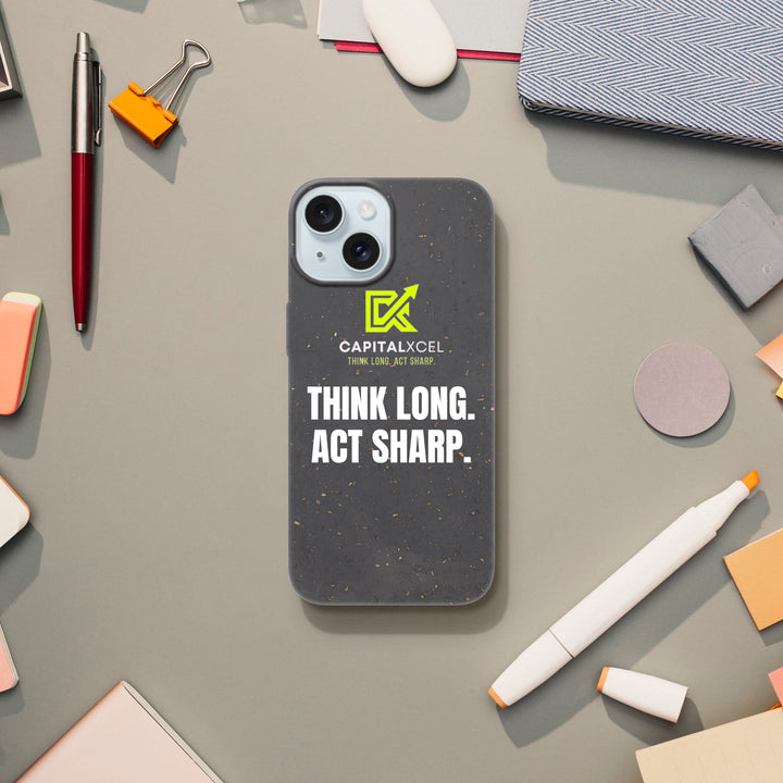 Eco-friendly iPhone 15 bio case with “Think Long Act Sharp” printed – black matte finish

