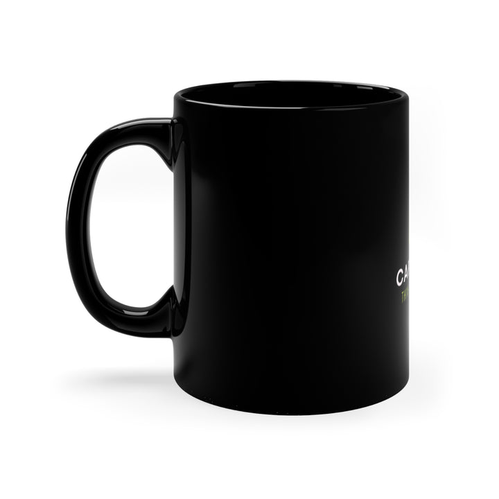 Black ceramic mug with CapitalXcel logo in white – sleek minimalist design, 