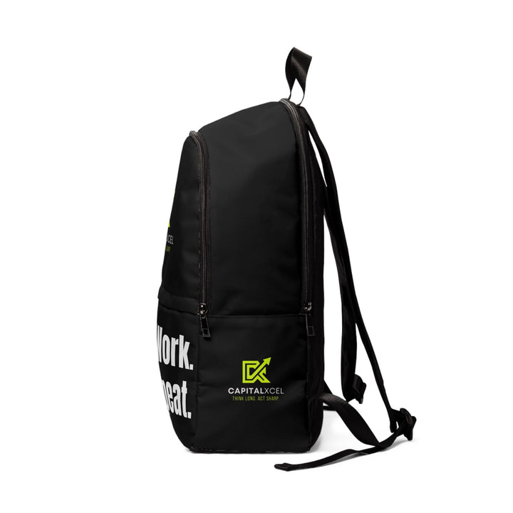 Unisex motivational fabric backpack with "Wake. Work. Win. Repeat." slogan, waterproof nylon canvas, padded back and adjustable straps for comfort.