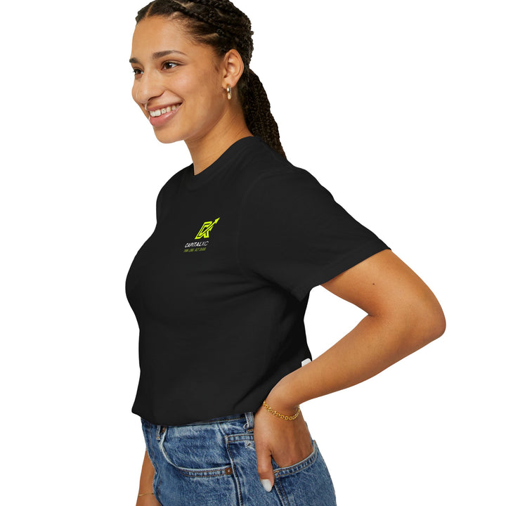 Unisex "Built Different, Paid Different" motivational t-shirt in garment-dyed fabric, offering relaxed fit and unique texture for a stylish, comfortable everyday look.