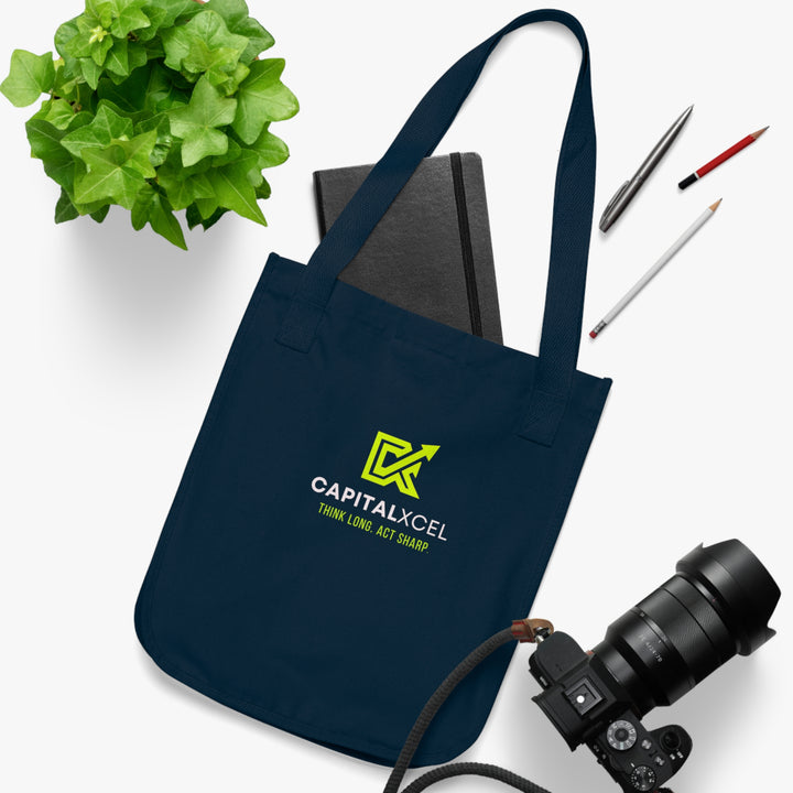 Organic denim tote bag with CapitalXcel logo – front view, navy color