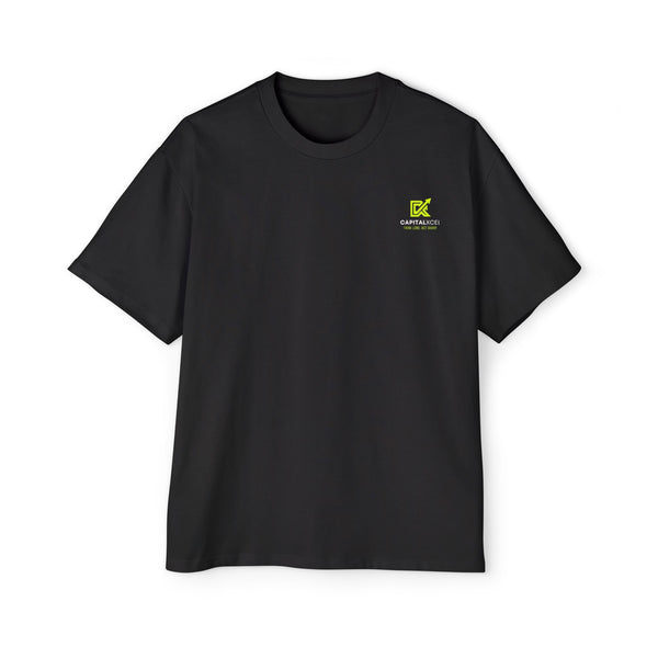 Men's oversized black cotton t-shirt with bold white text reading "I'm Not Rich. I'm Just Focused." and dropped shoulder fit.