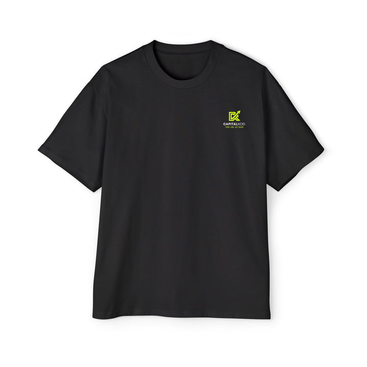 Men's oversized black cotton t-shirt with bold white text reading "I'm Not Rich. I'm Just Focused." and dropped shoulder fit.
