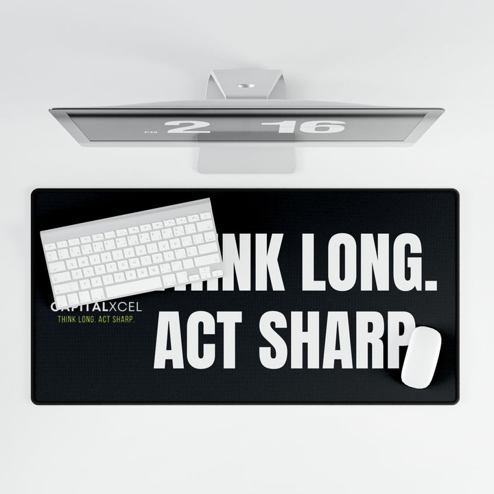 Black motivational desk mat with "Think Long. Act Sharp." slogan, smooth surface for mouse and keyboard use, durable rubber base, and anti-fray edges for long-lasting use.