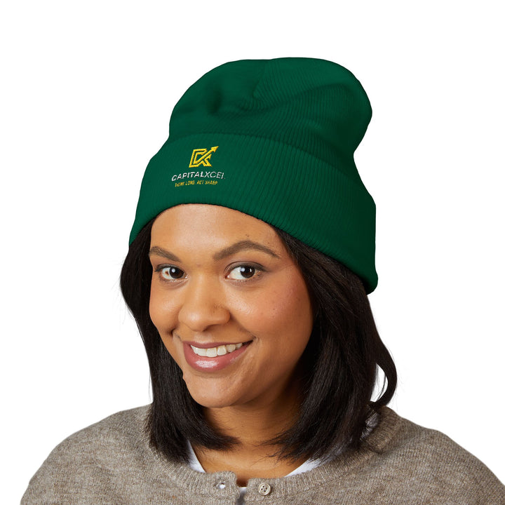 CapitalXcel logo embroidered on a cuffed knit beanie – front view