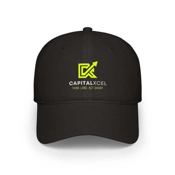 Unisex CapitalXcel low profile cotton baseball cap with adjustable Velcro® strap, designed for breathable, everyday style.

