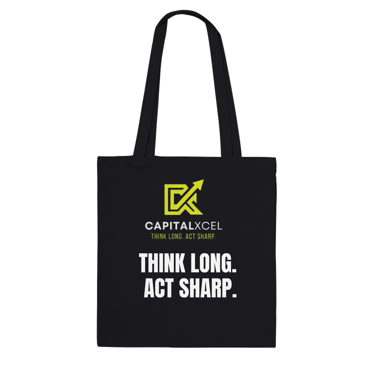 Black premium cotton tote bag with “Think Long Act Sharp” slogan – front view